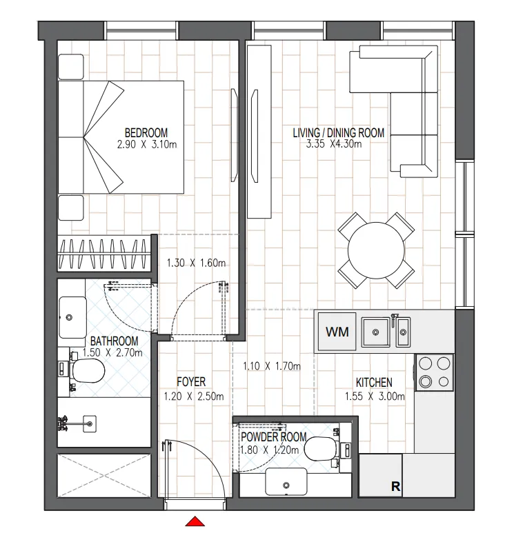 Olfah 1 bed floor plan, 692 sqft