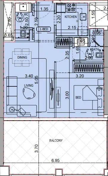 Binghatti Titania 1 bed floor plan, 842 sqft