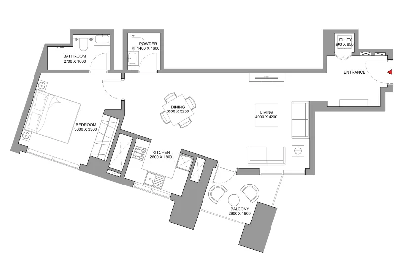 Skyscape 1 bed floor plan, 1,019 sqft