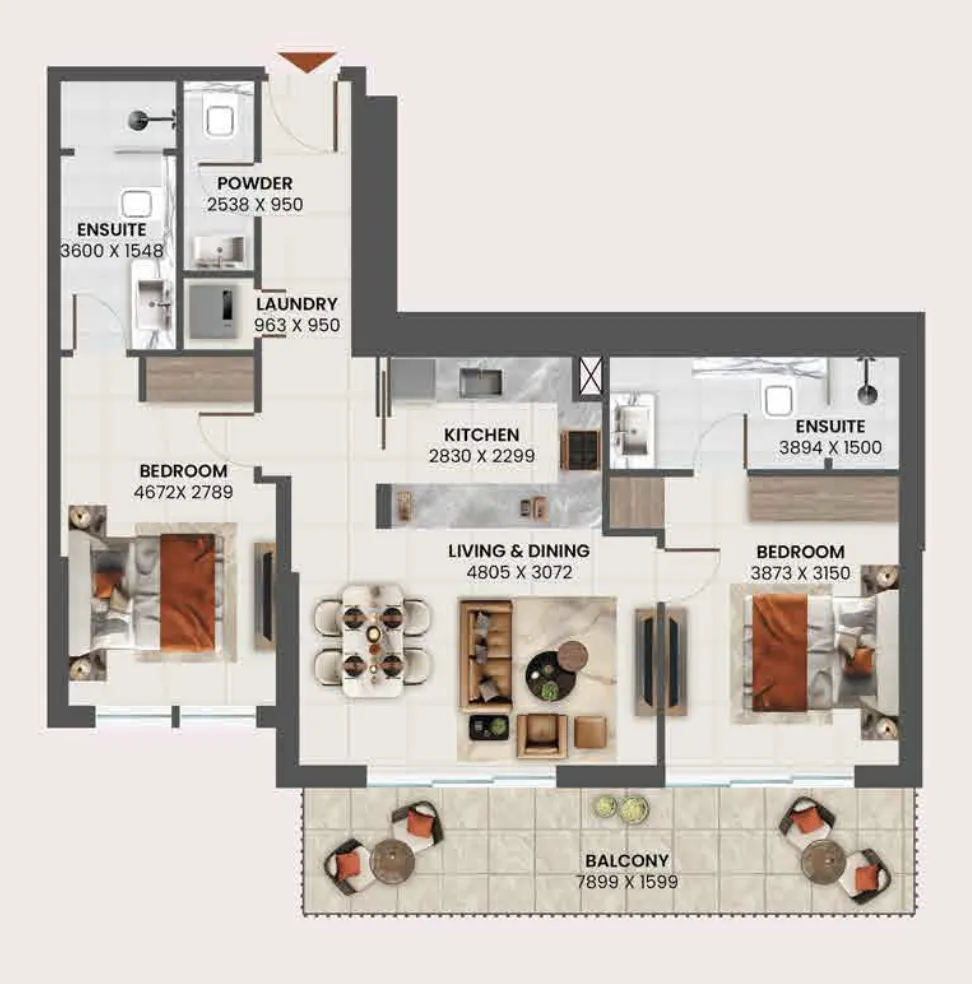 Sunvale 2 bed floor plan, 1,031 sqft