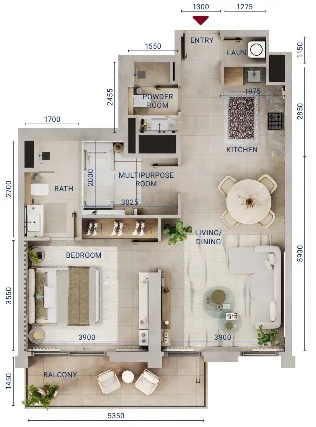 Mirdad 1 bed floor plan, 829 sqft