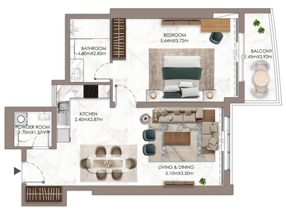 Ajman Pearl Tower 1 bed floor plan, 1,080 sqft