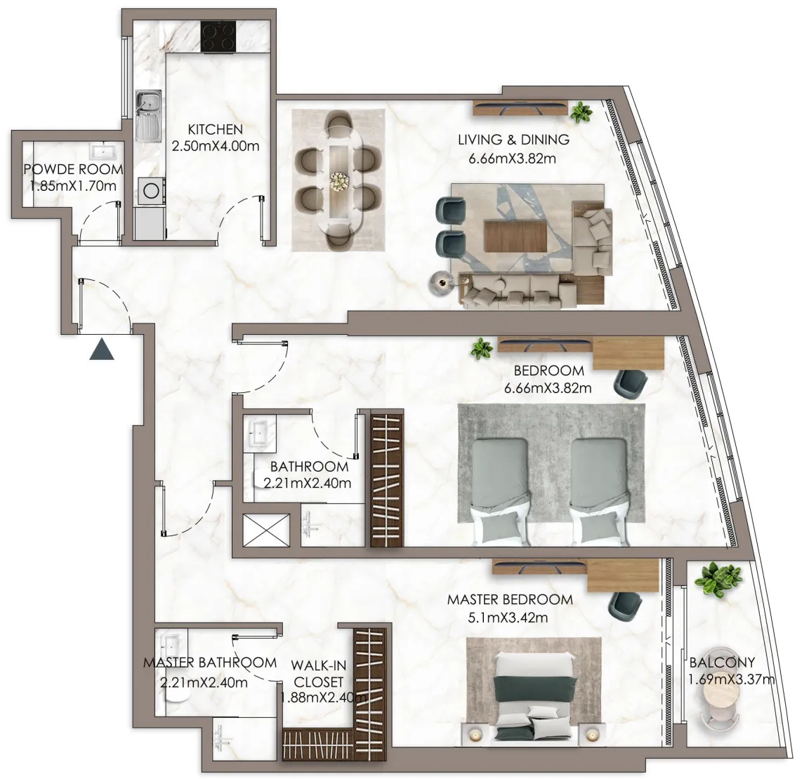 Ajman Pearl Tower 2 bed floor plan, 2,009 sqft