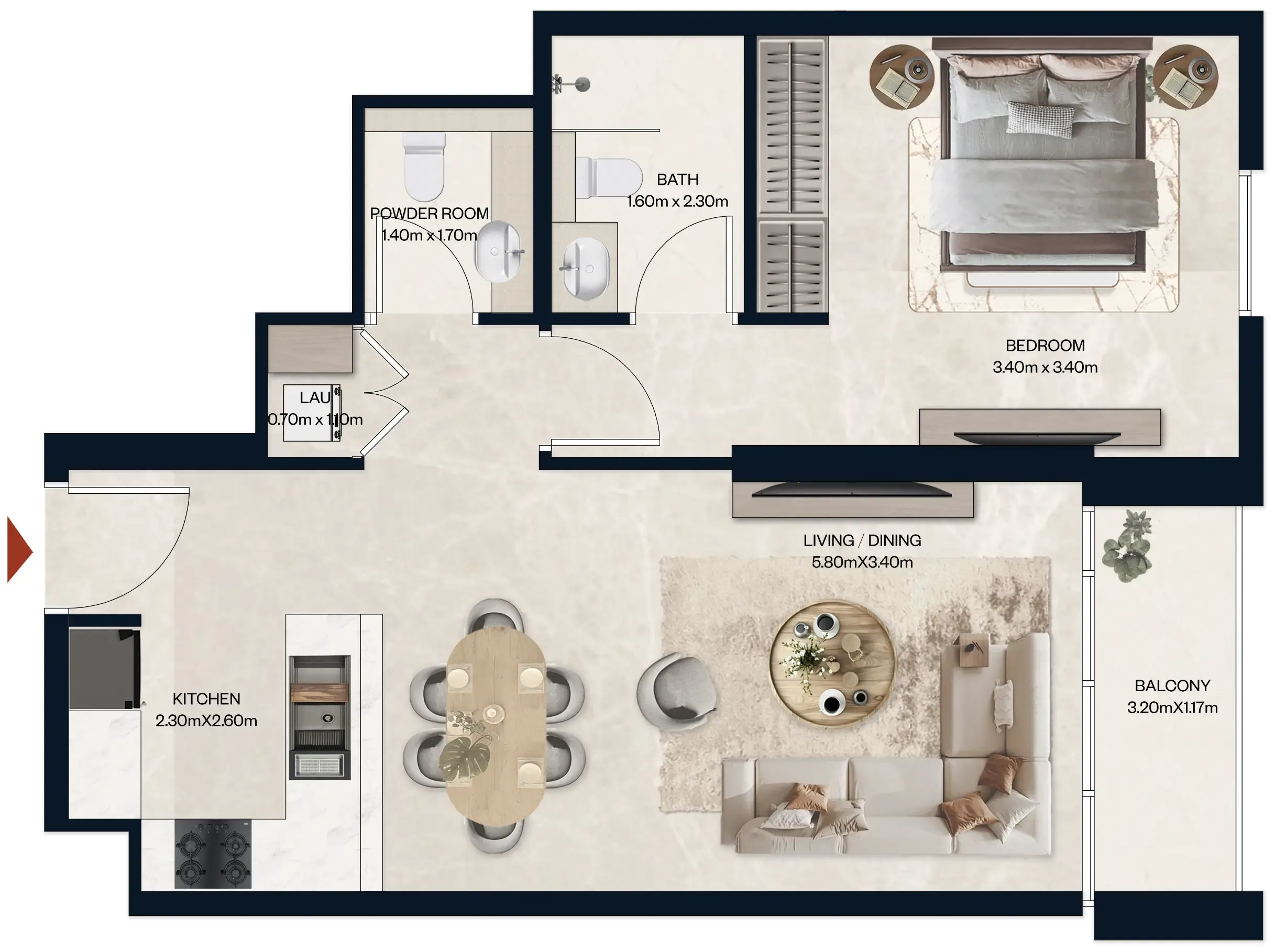 Norah Residence 1 bed floor plan, 674 sqft