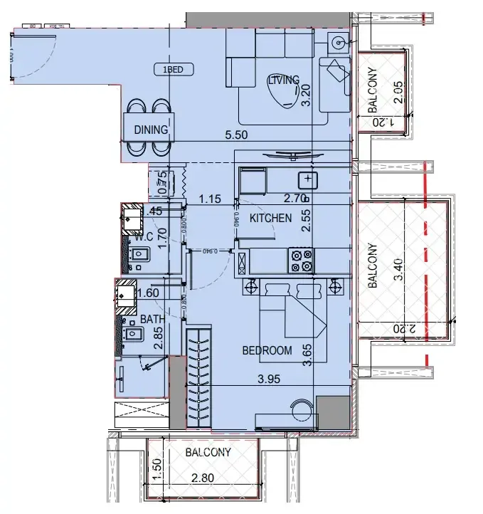 Binghatti Luxuria 1 bed floor plan, 742 sqft