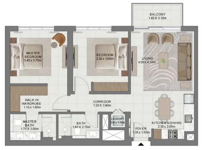 Golf Hills 2 bed floor plan, 991 sqft