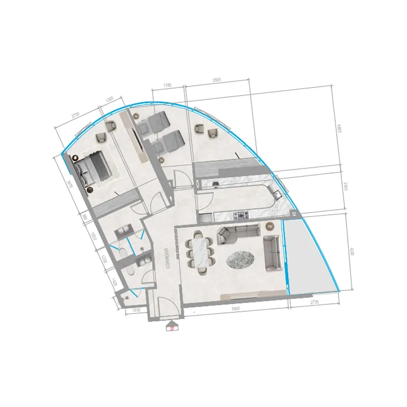 Orchid Towers Phase 1 2 bed floor plan, 1,277 sqft