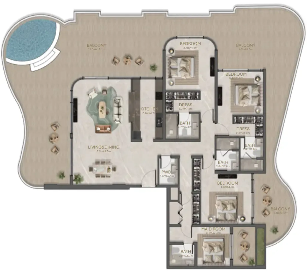La Perla by BNW Developments 3 bed floor plan, 3,925 sqft