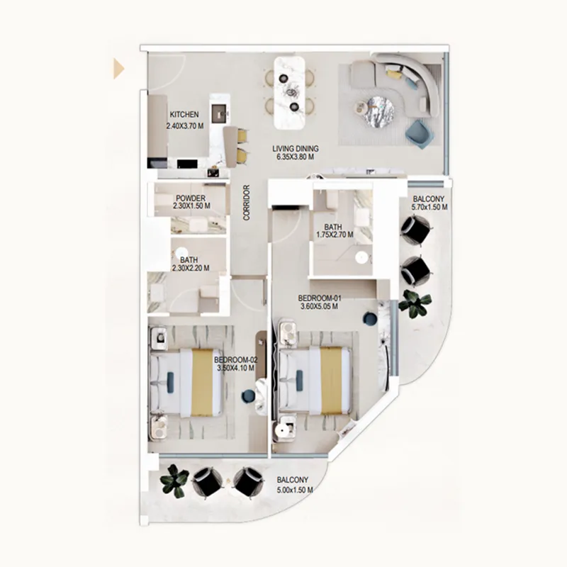 Rabdan Gardens 2 bed floor plan, 1,180 – 1,238 sqft