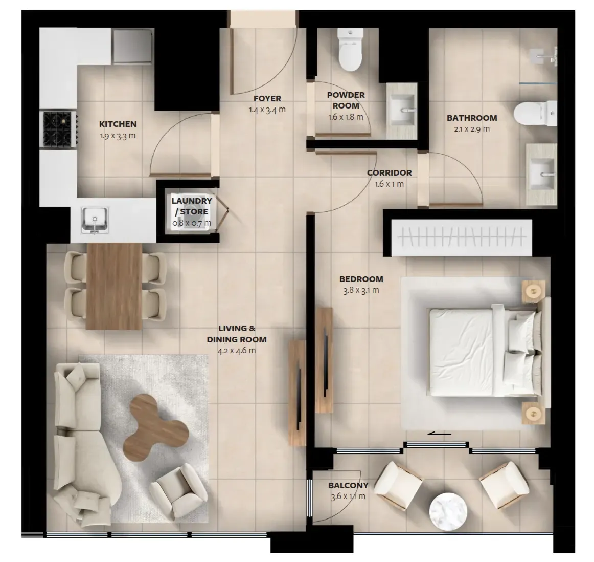 Waada Dubai South 1 bed floor plan, 745 – 760 sqft