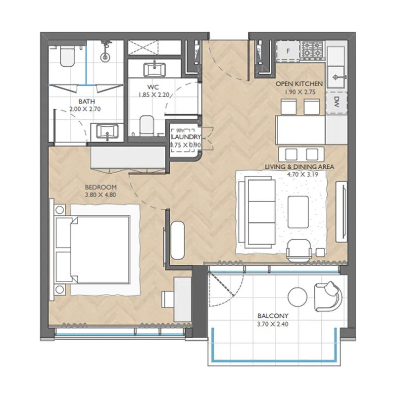 The Collective 1 bed floor plan, 701 sqft