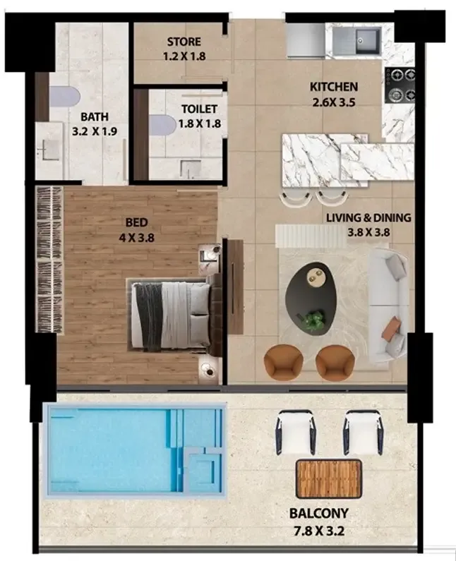 Marquis One 1 bed floor plan, 901 sqft