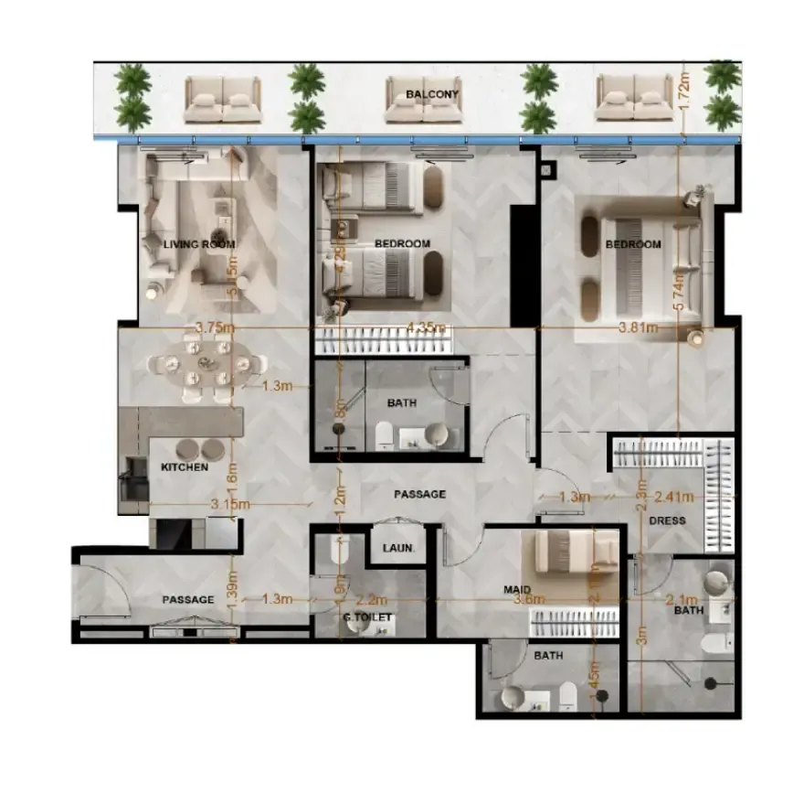 Radiant Terrace 2 bed floor plan, 1,571 sqft