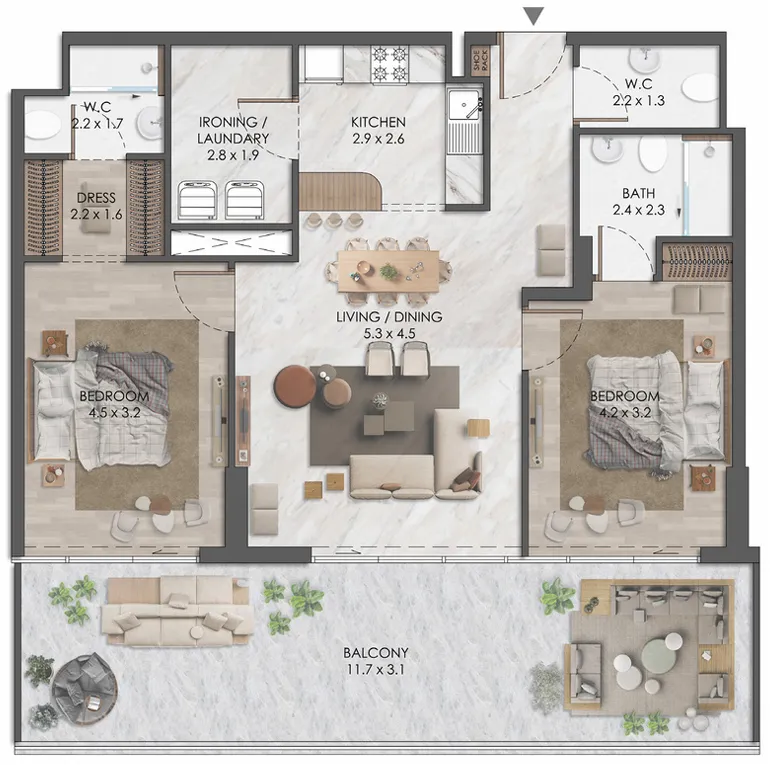 Almaara Residences 2 bed floor plan, 1,337 sqft