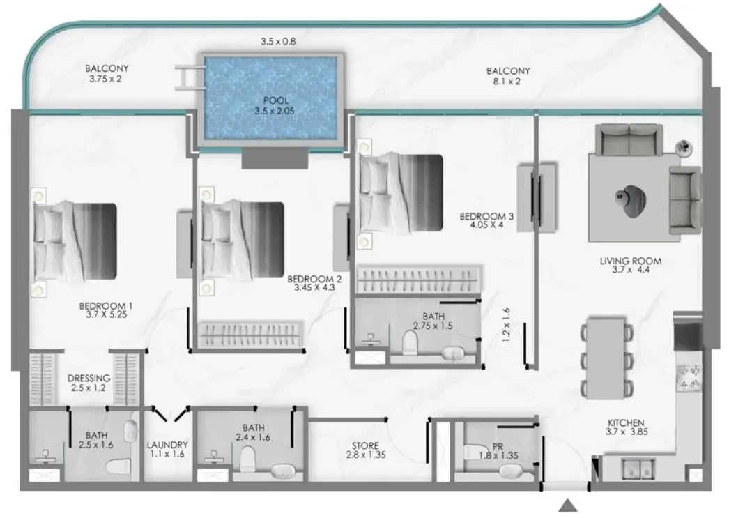 Samana Ocean Bay 3 bed floor plan, 1,712 sqft