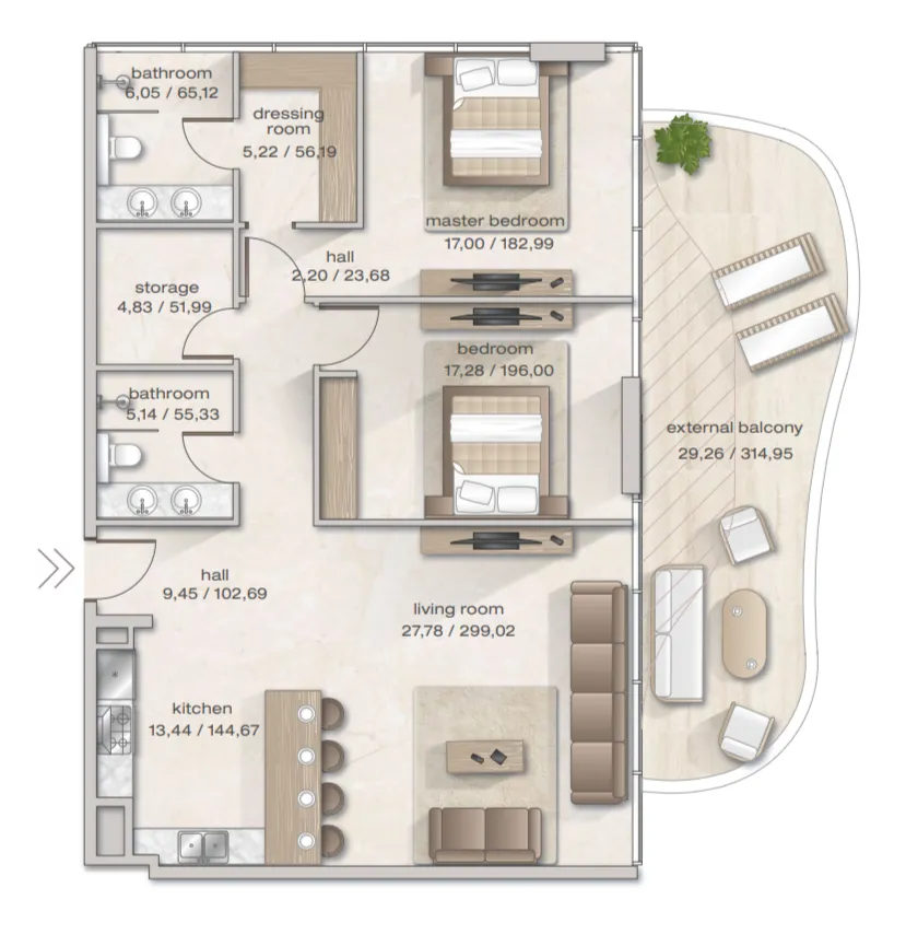 Zephyra Residences 2 bed floor plan, 1,596 sqft