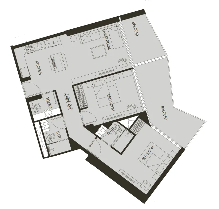Binghatti Haven 2 bed floor plan, 1,147 sqft