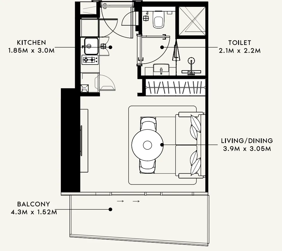 Azizi Milan Studio floor plan, 333 sqft
