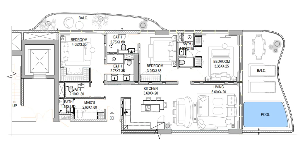 The Pier Residences 3 bed floor plan, 1,958 sqft