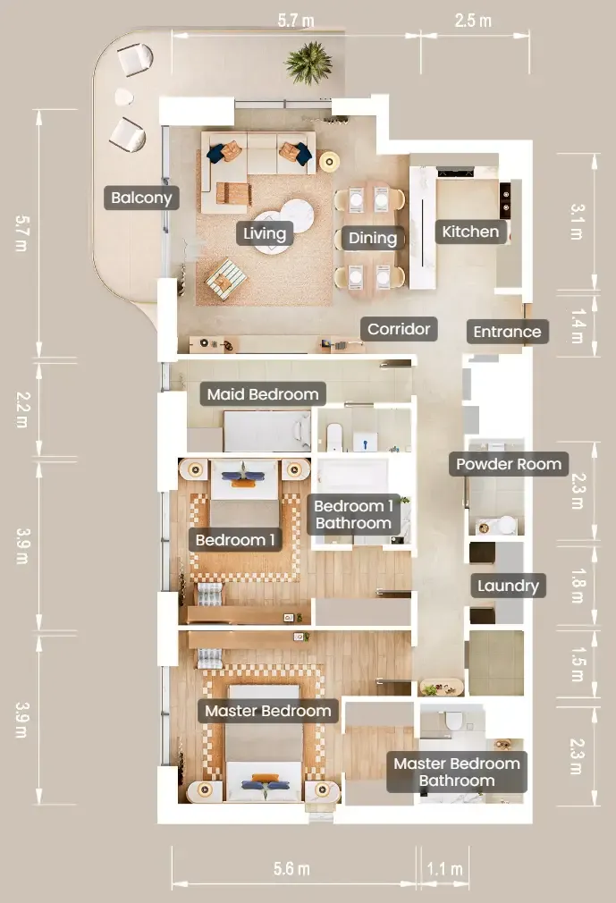 The Beach House Fahid 2 bed floor plan, 1,612 sqft