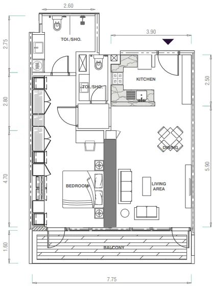 MBL Signature 1 bed floor plan, 928 sqft