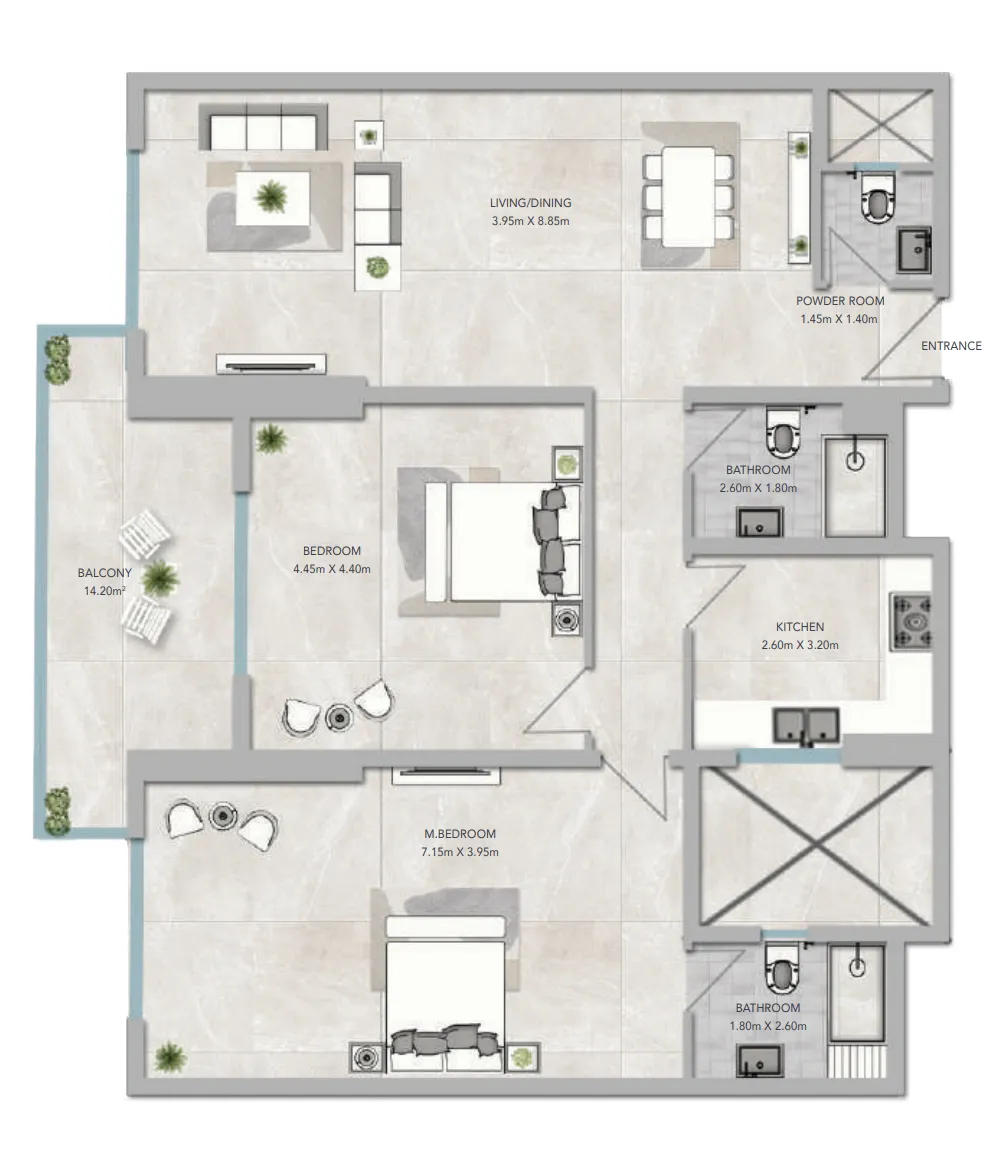 Al Aamra 3 Tower 2 bed floor plan, 1,972 – 1,973 sqft