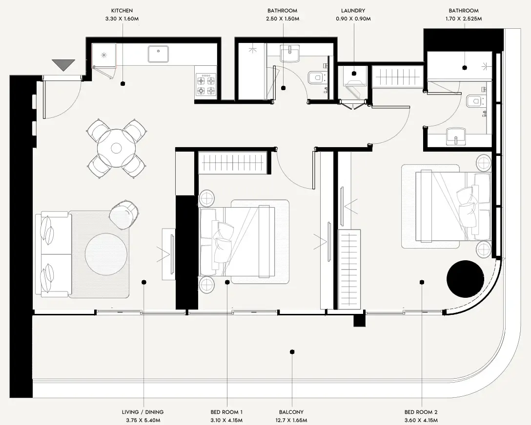 Azizi Milan 2 bed floor plan, 1,160 sqft