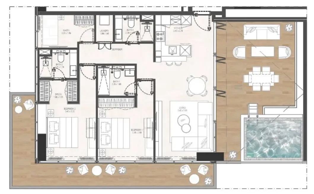 Gharbi 2 Residences 2 bed floor plan, 1,628 – 1,634 sqft