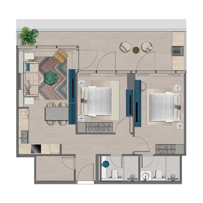 Trio Isle 2 bed floor plan, 987 – 998 sqft