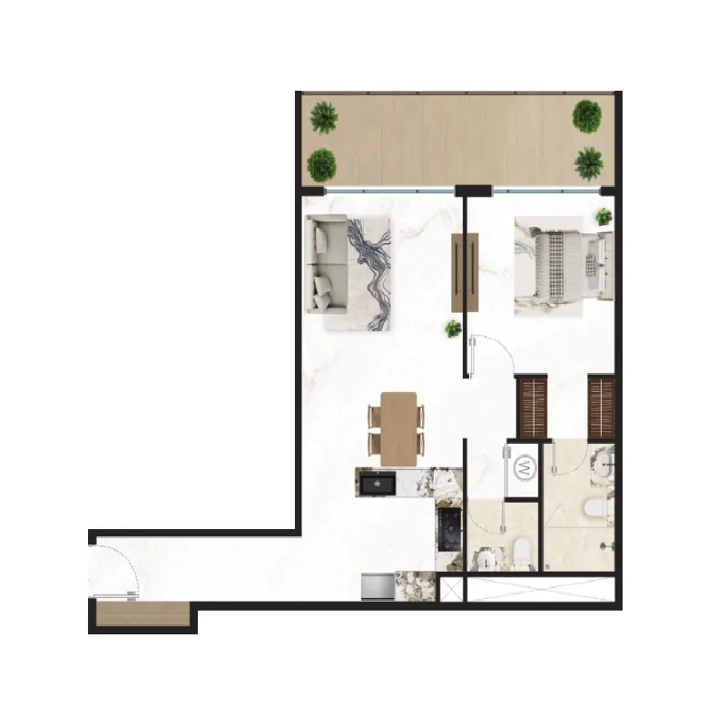 Courtyard One 1 bed floor plan, 867 sqft