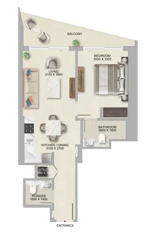 The Tranquil at Sobha Central 1 bed floor plan, 691 sqft