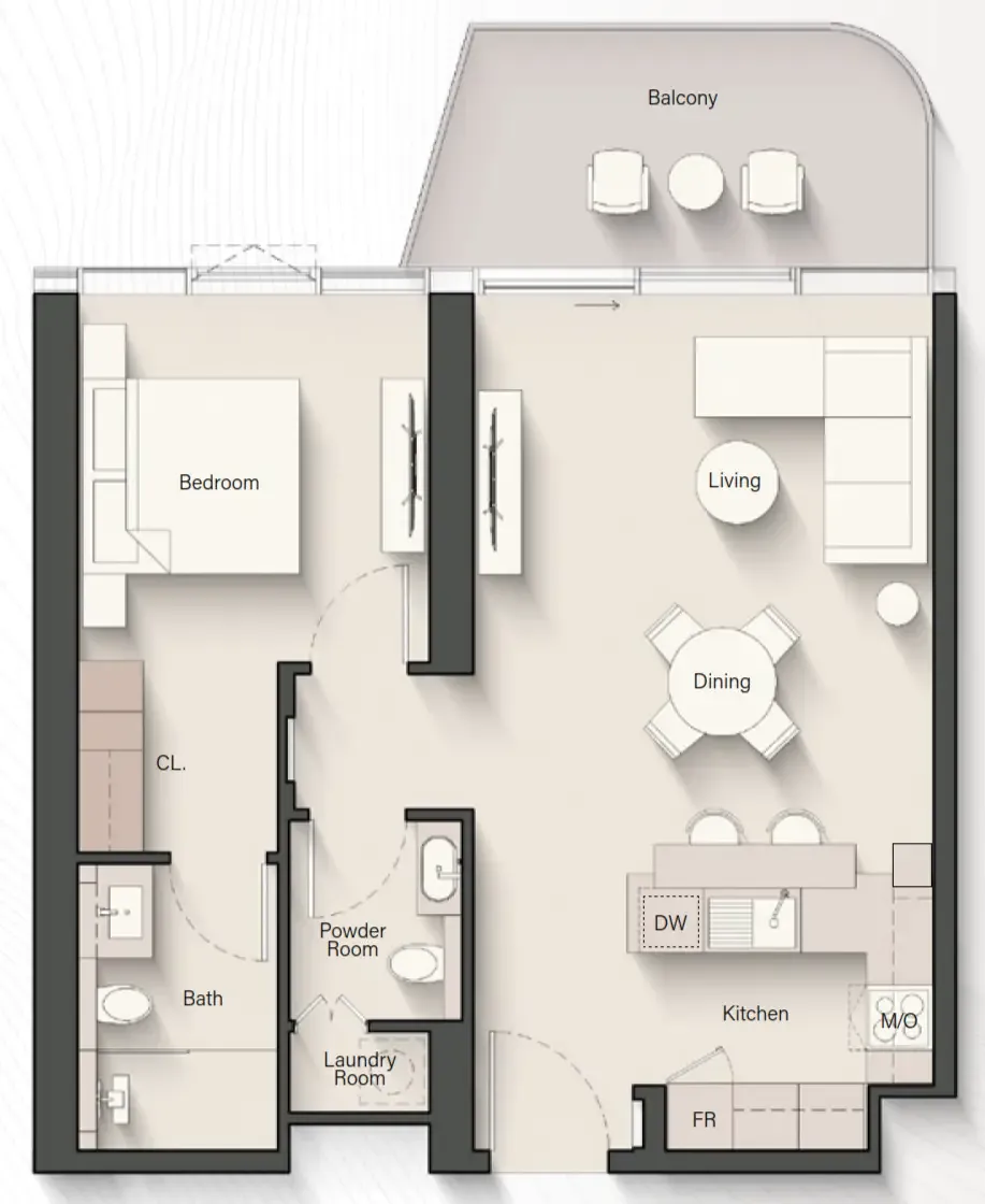 Portside Square 1 bed floor plan, 803 – 812 sqft