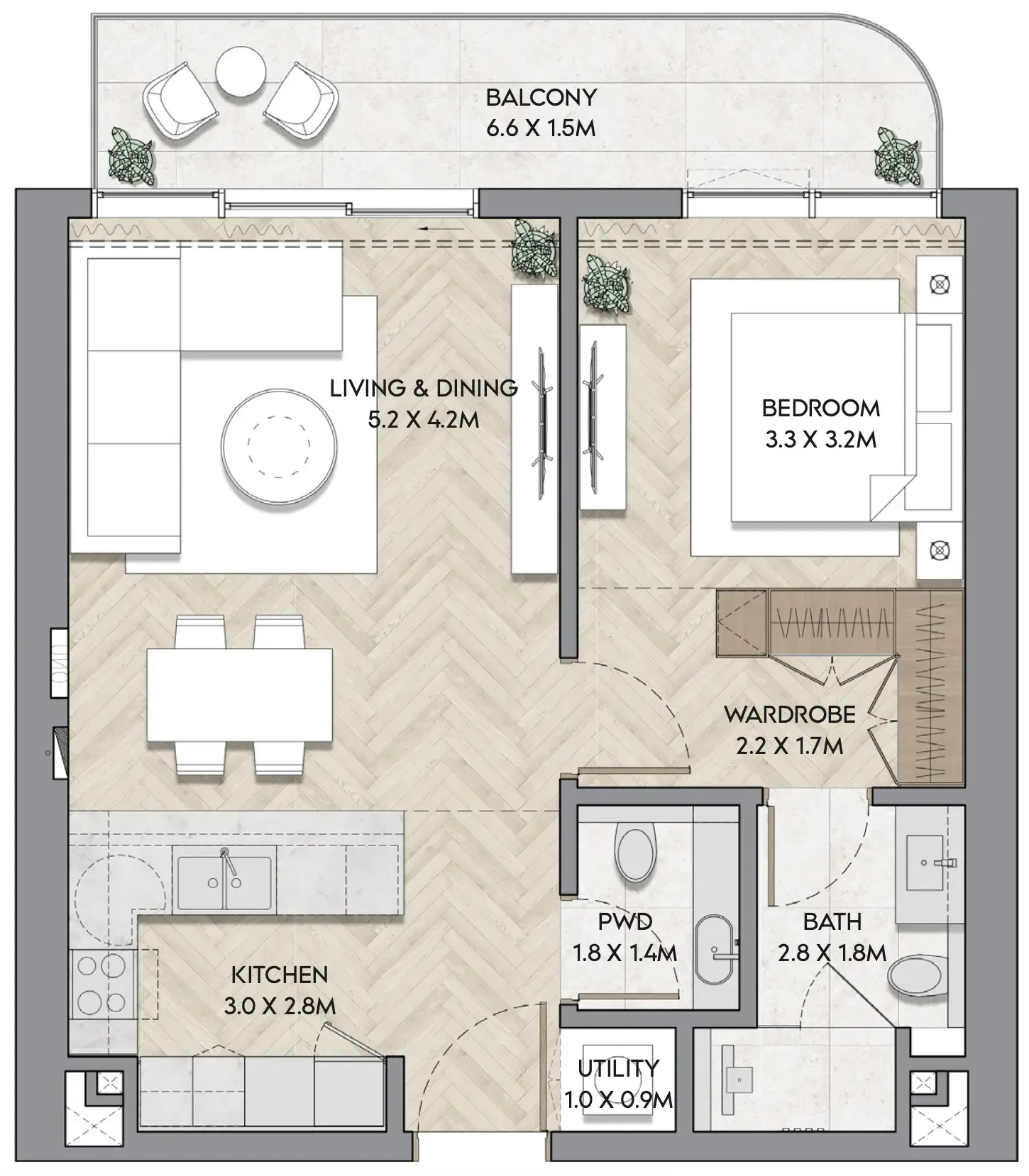 Nura 1 bed floor plan, 788 – 815 sqft