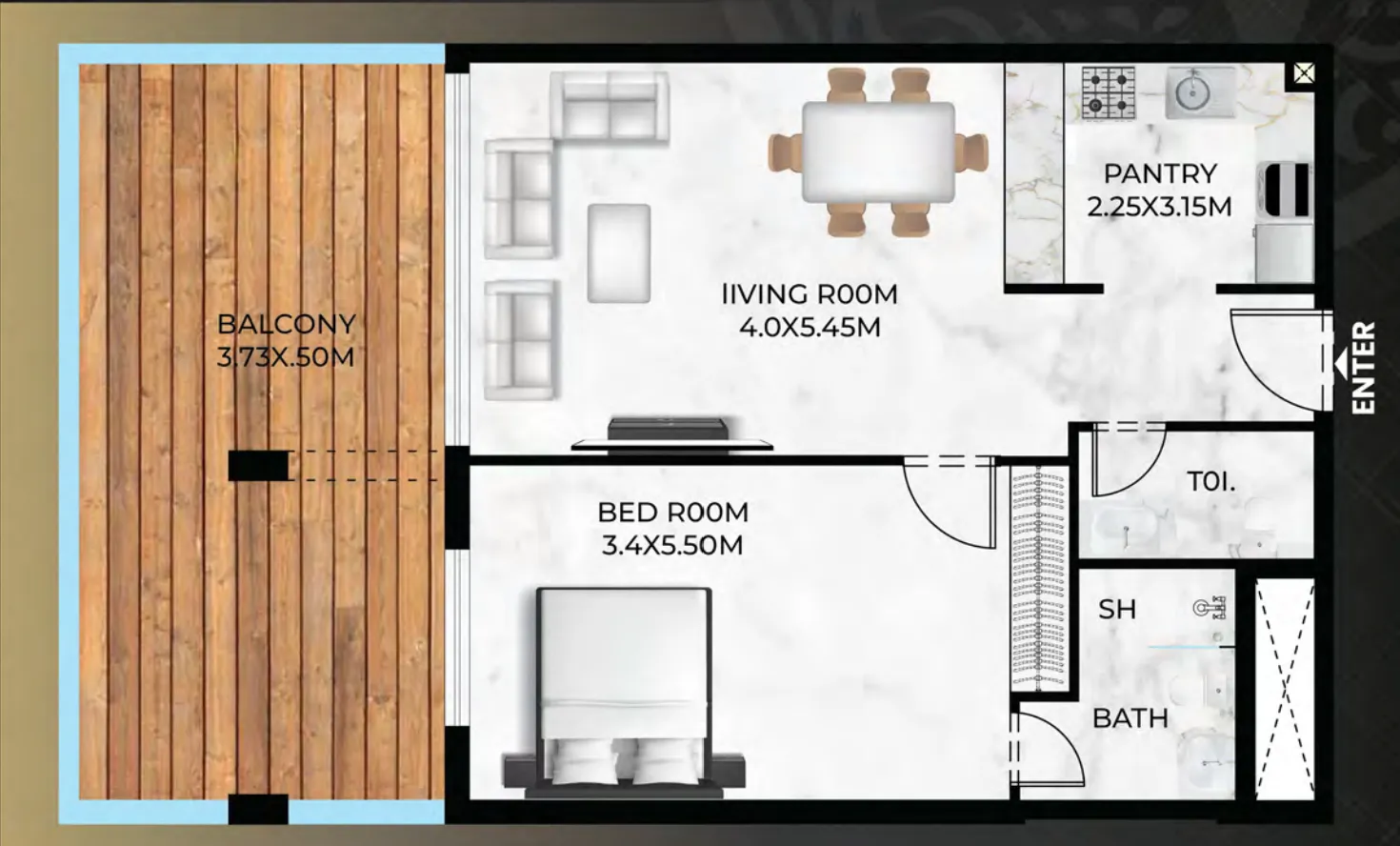 Lumina Vista 1 bed floor plan, 990 sqft