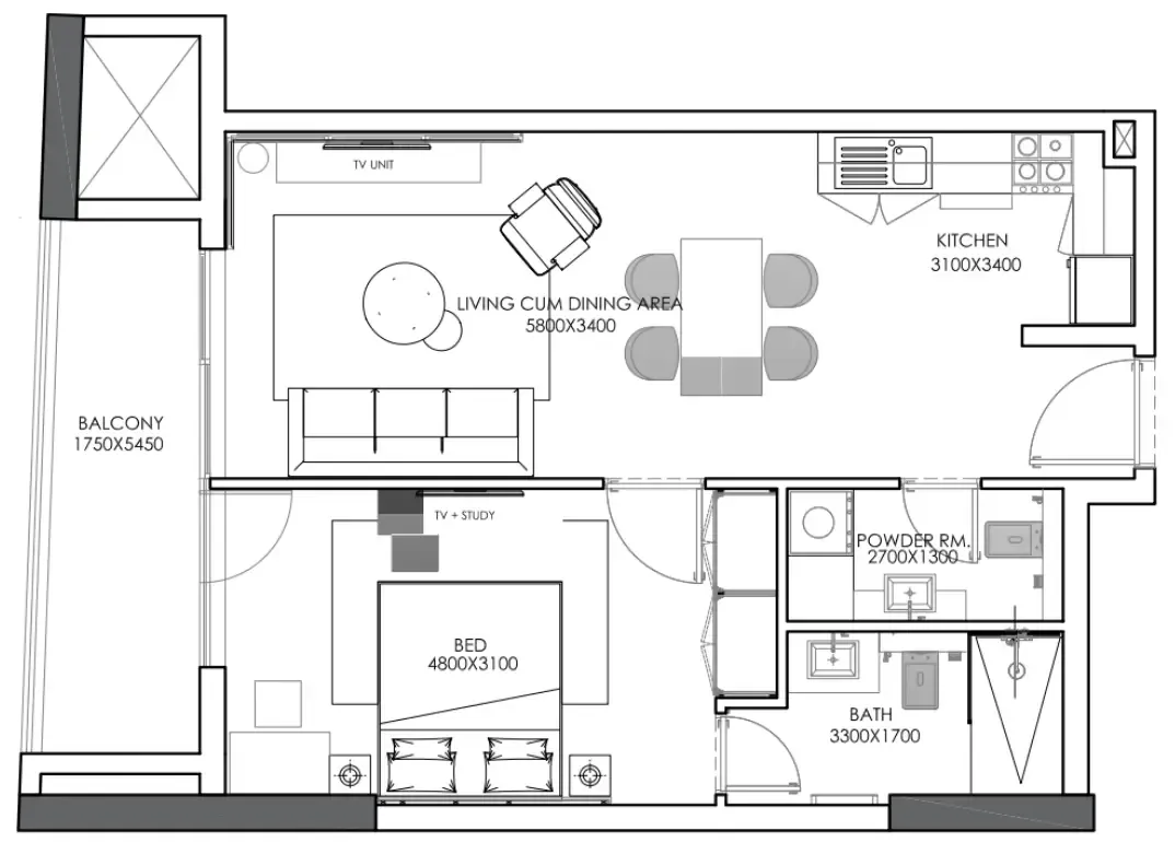 Concept 7 Residences 1 bed floor plan, 749 sqft
