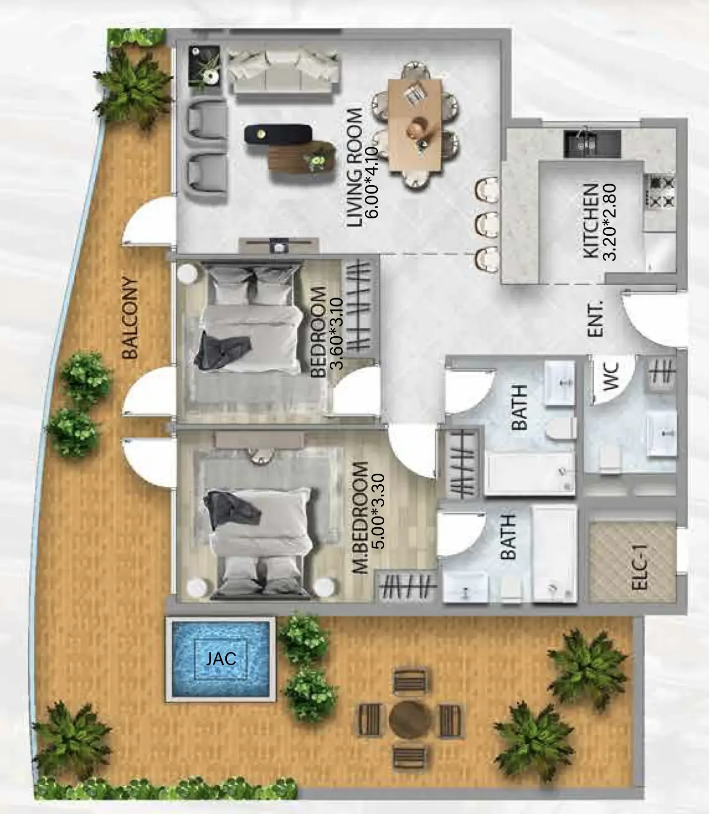 311 Boulevard 2 bed floor plan, 1,602 – 1,670 sqft