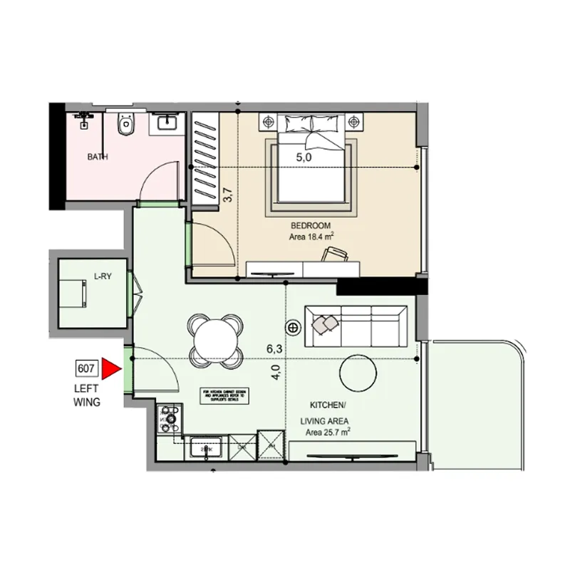 Edgewater Residences 1, 2 and 3 1 bed floor plan, 698 sqft