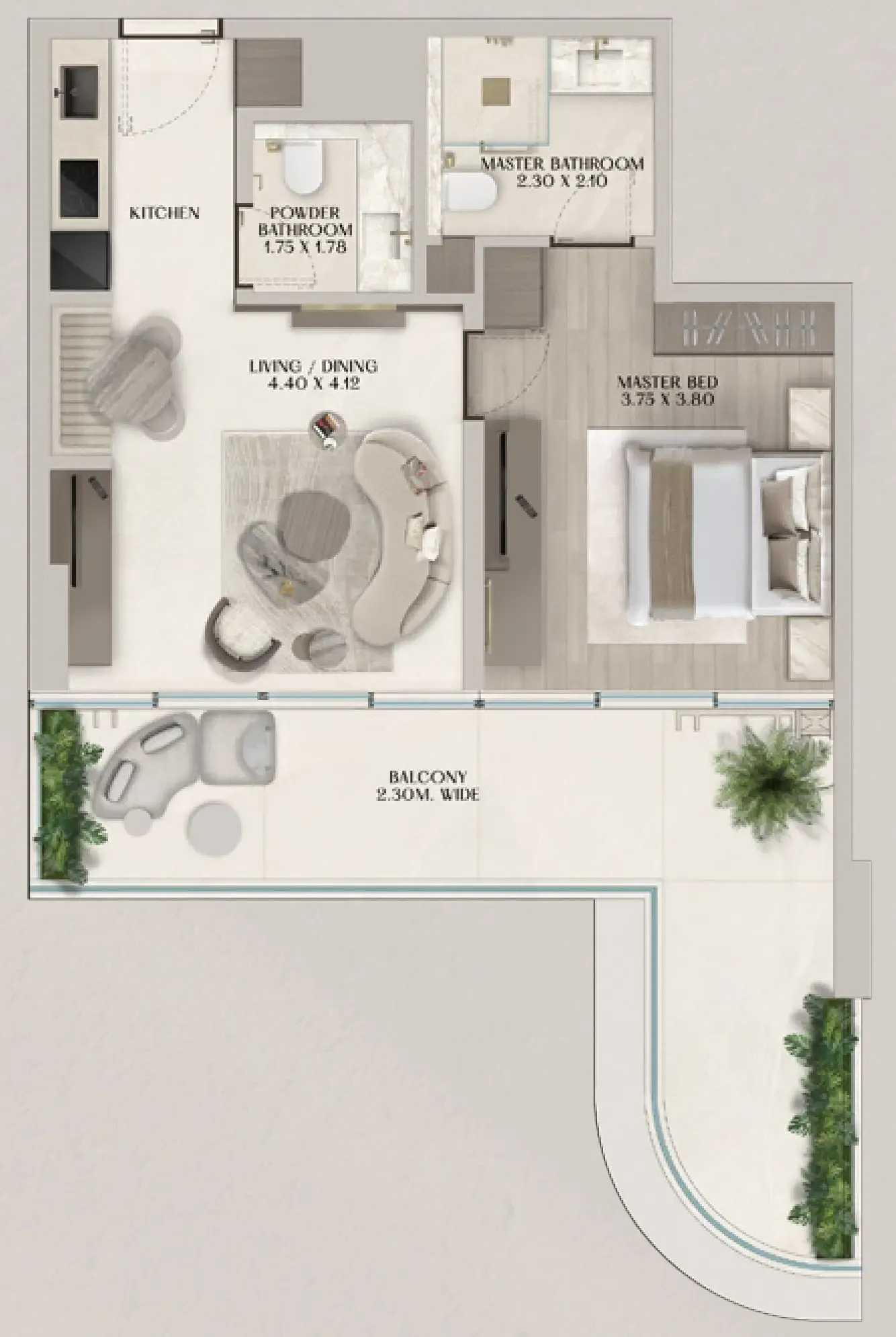 Soléva Beach Residences 1 bed floor plan, 857 sqft