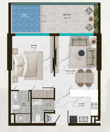 Samana Parkville 1 bed floor plan, 923 sqft
