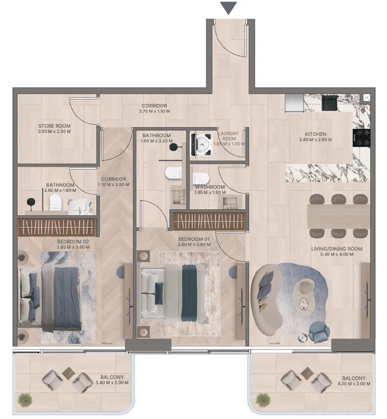 Meriden Beach Residences 2 bed floor plan, 1,292 sqft
