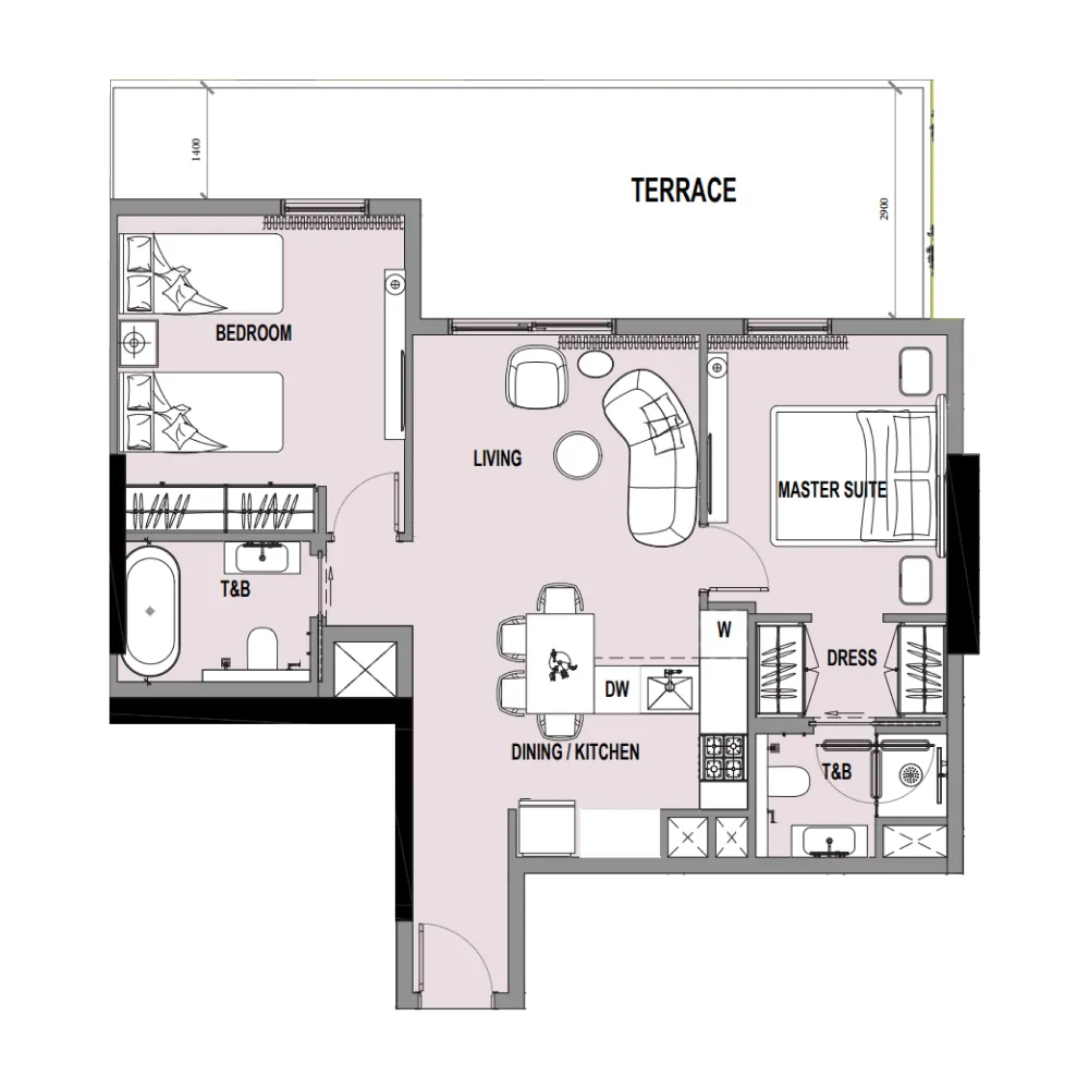 Verso 2 bed floor plan, 1,039 sqft