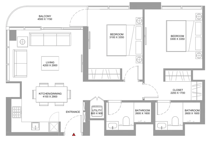 Starline Beach Residences 2 bed floor plan, 864 sqft