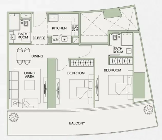 Binghatti Sky Terraces 2 bed floor plan, 1,098 sqft