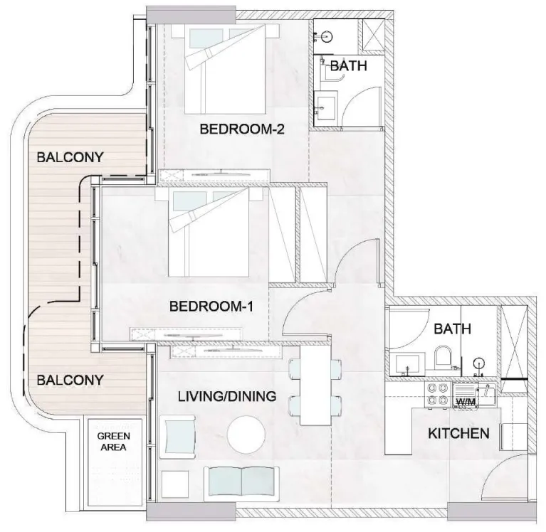 Treppan Serenique Residences 2 bed floor plan, 1,036 sqft