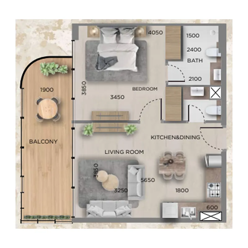368 Park Ln. 1 bed floor plan, 725 – 753 sqft