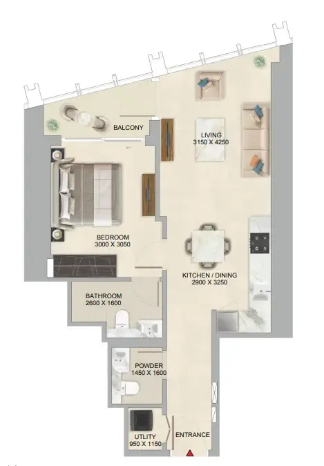 The Mirage at Sobha Central 1 bed floor plan, 648 sqft