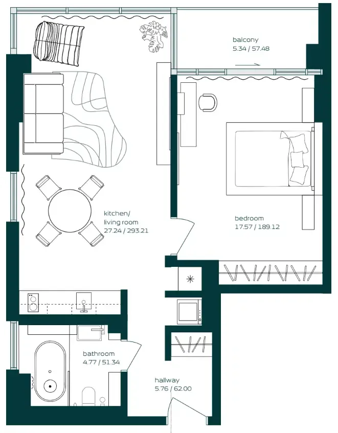 Vibe 1 bed floor plan, 730 sqft
