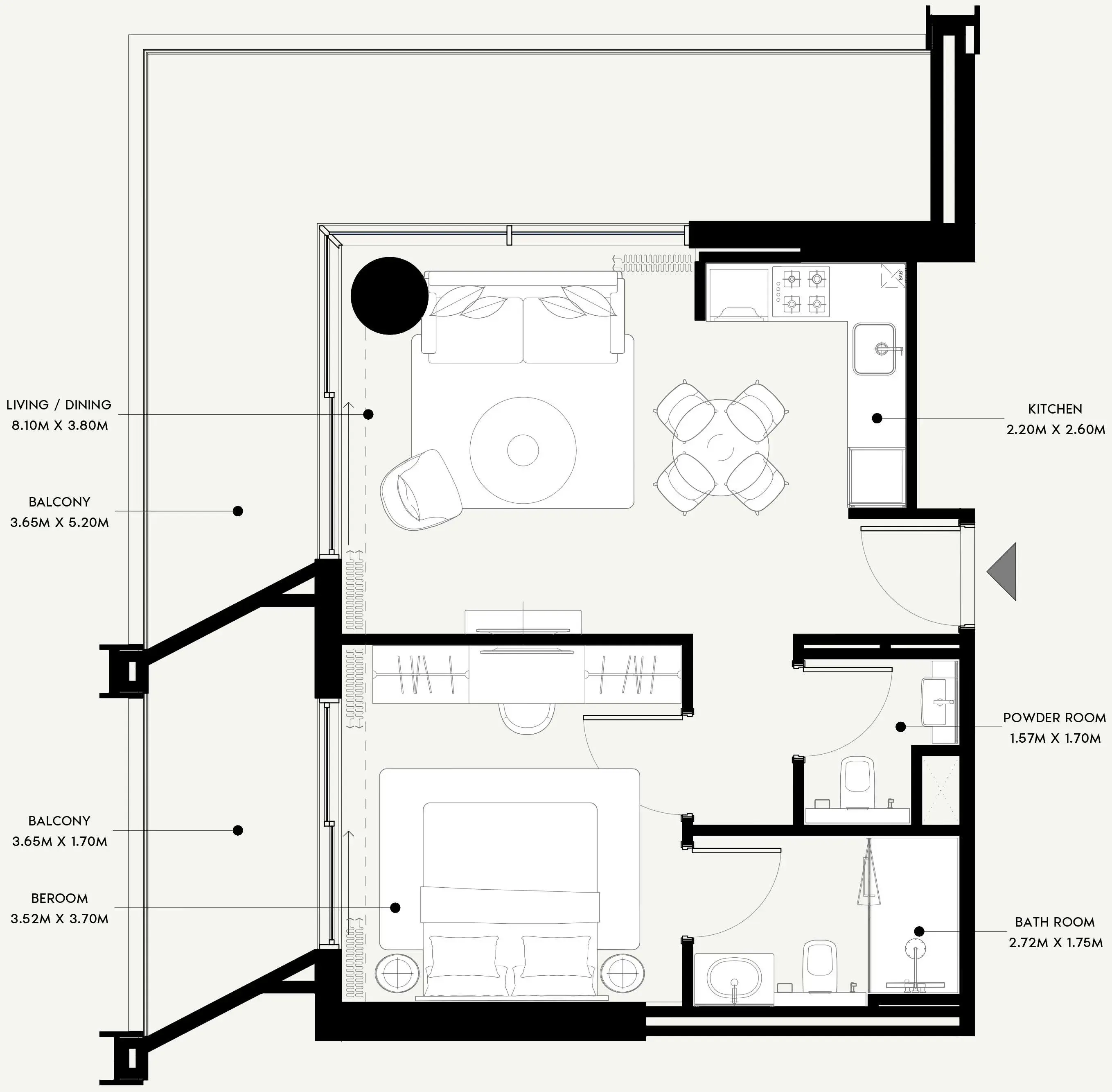 Azizi Venice 1 bed floor plan, 886 sqft