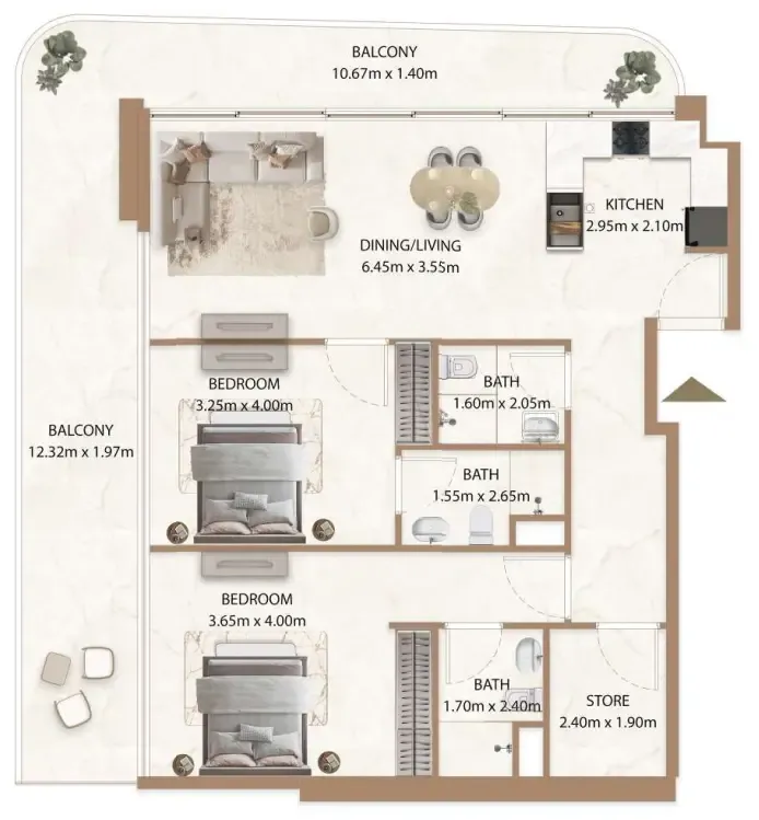 Veda by AUM Development 2 bed floor plan, 1,430 sqft