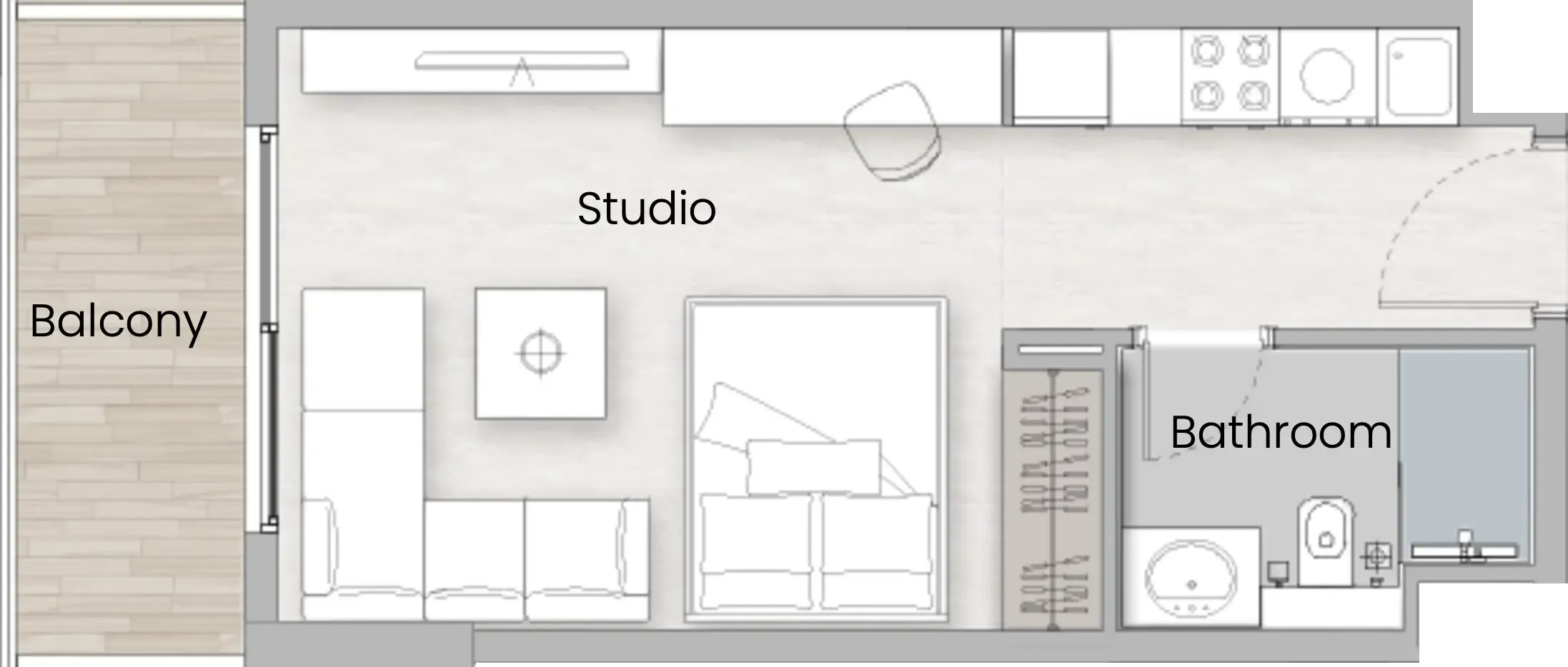 One Beverly Studio floor plan, 390 sqft